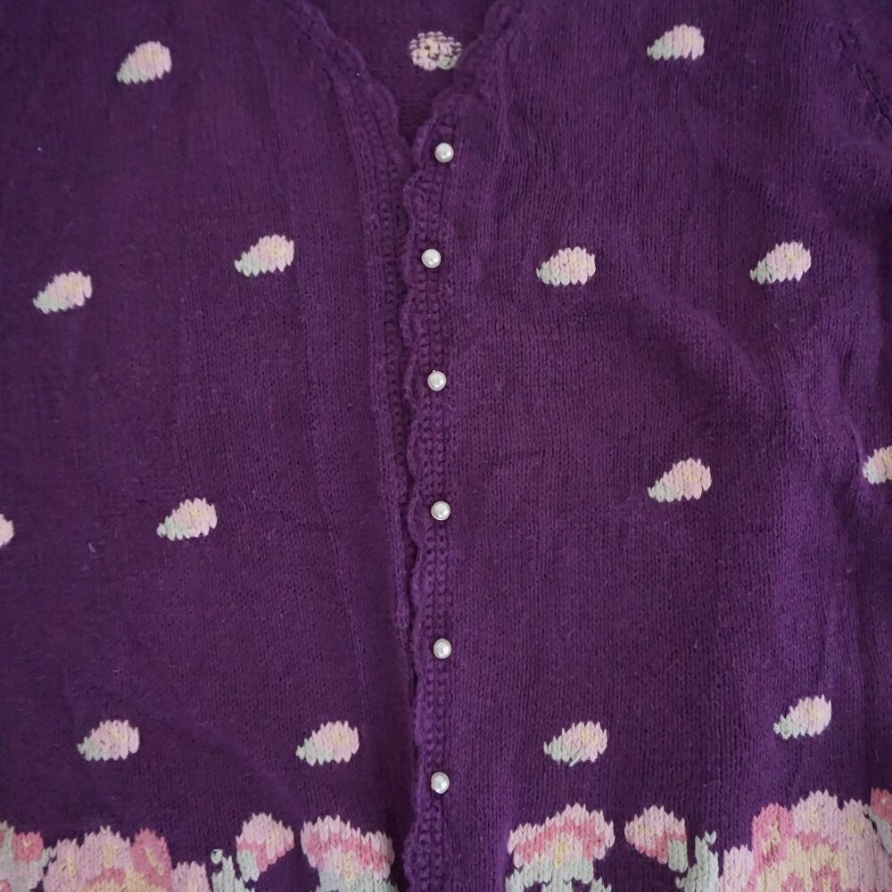 Vintage Maggie Lawrence Purple Polka Dot Floral Embroidered Knit Cardigan M - Picture 6 of 9